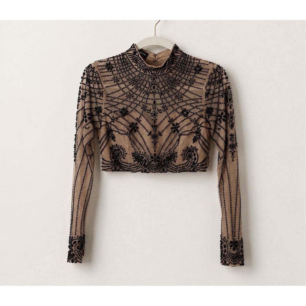 Bebe Sheer Beaded Mesh Crop Top Bolero Nude Black Rhinestone Size 2